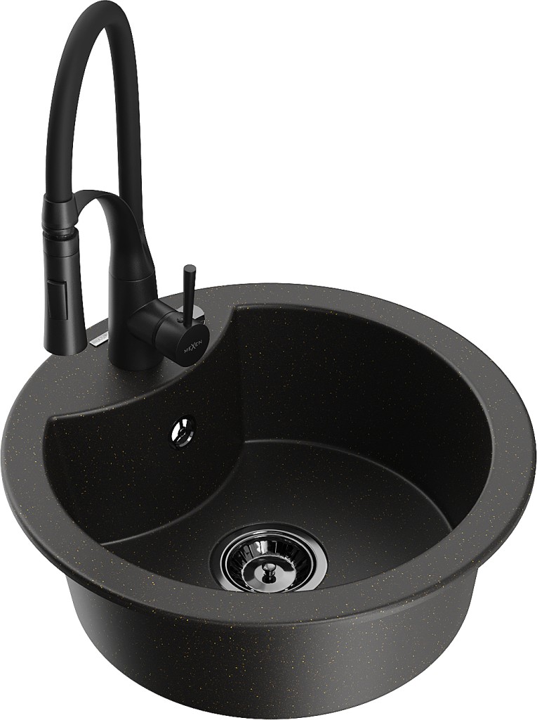 MEXEN/S MEXEN/S - Diego granitový drez 1-miska vrátane batérie Aster, čierna/zlatá metalik 6512-75-73450-70-B