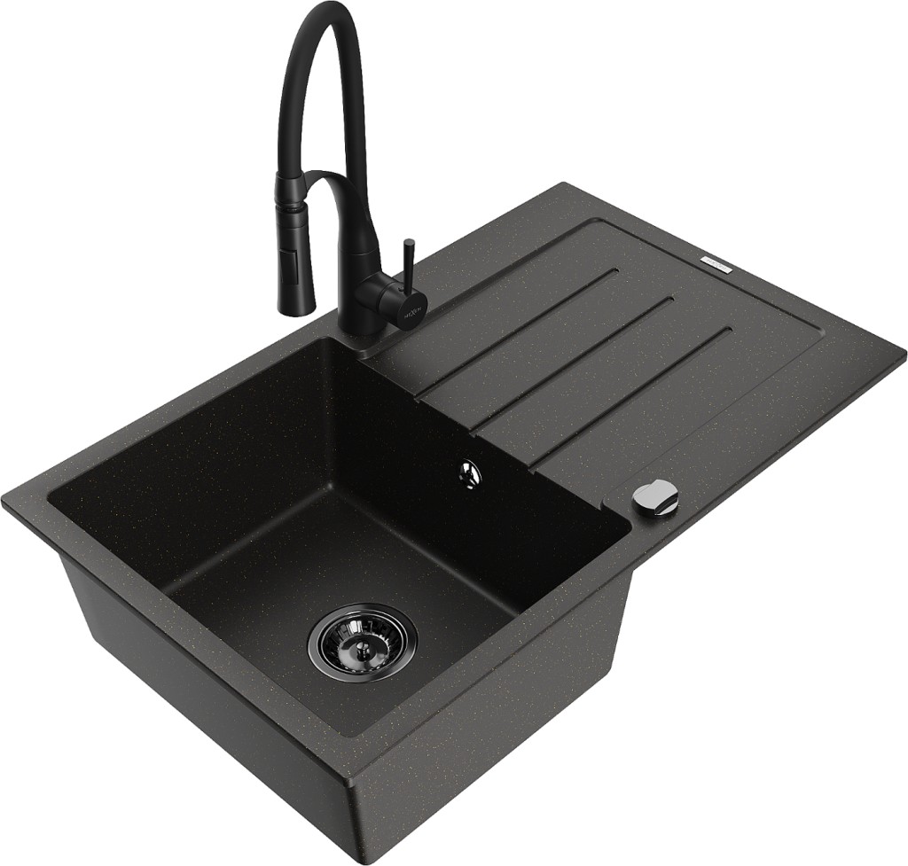 MEXEN/S MEXEN/S - Bruno granitový drez s odkvapkávačom vrátane batérie Aster, čierna/zlatá metalik 6513-75-73450-70-B