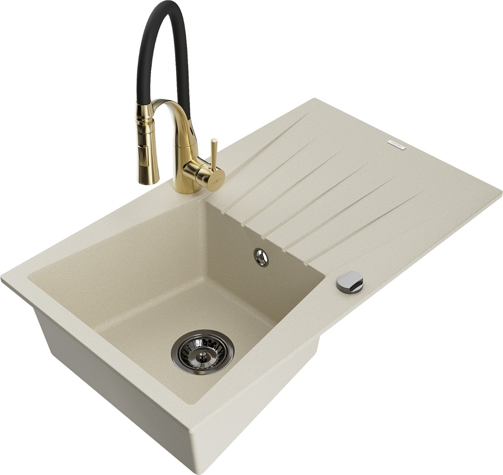 MEXEN/S MEXEN/S - Cesar granitový drez s odkvapkávačom vrátane batérie Aster, béžová 6514-69-73450-57-B