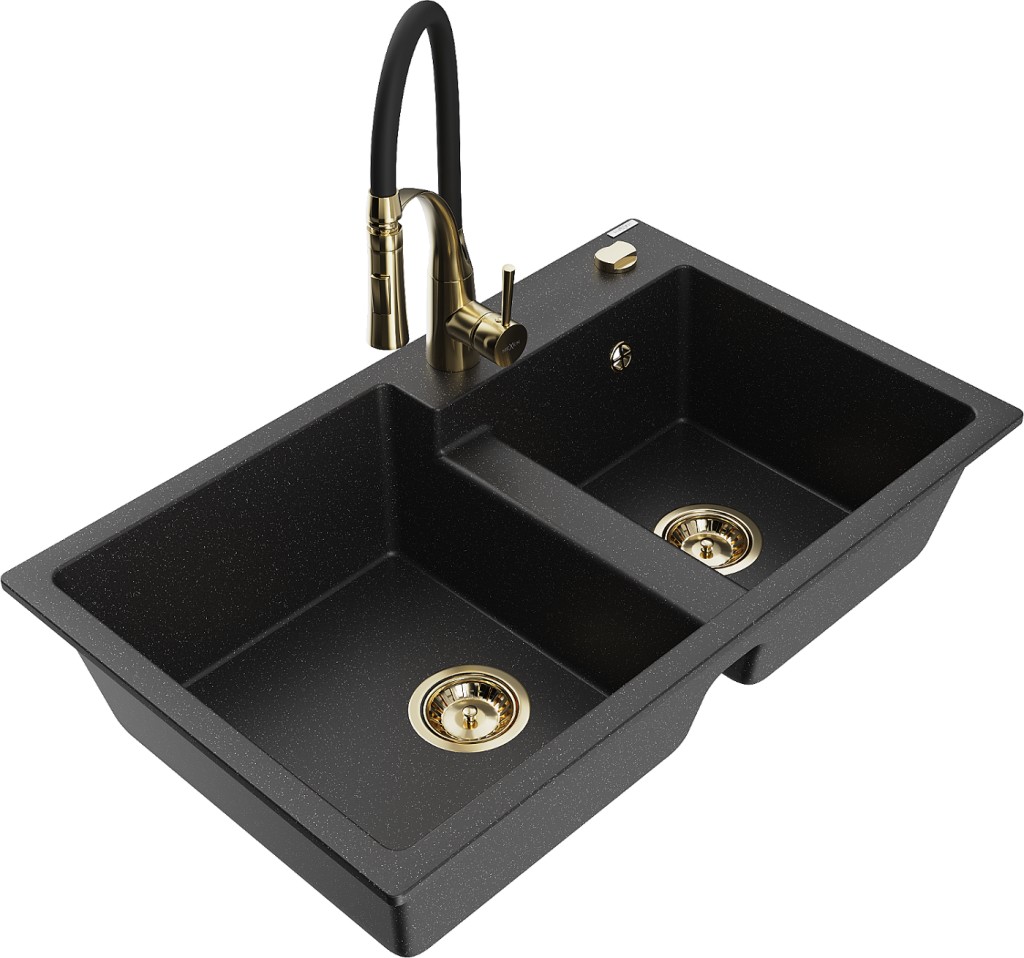 MEXEN/S MEXEN/S - Tomas granitový drez 2-bowl vrátane batérie Aster, čierna/strieborná metalík 6516-73-73450-57-G