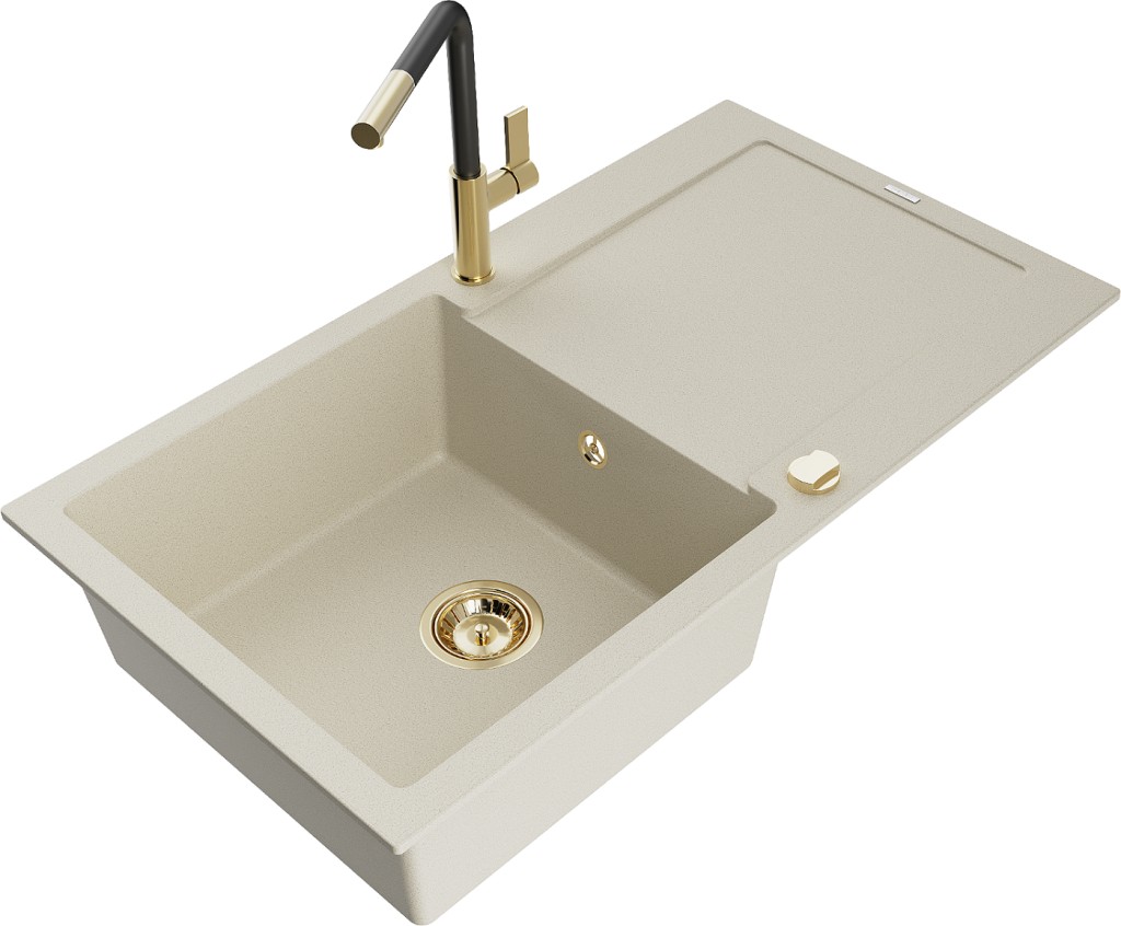 MEXEN/S MEXEN/S - Leo granitový drez 1 s odkvapkávačom vrátane batérie Flora, béžováy 6501-69-670401-57-G