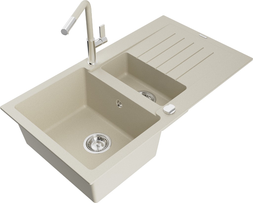 MEXEN/S MEXEN/S - Matias granitový drez 1.5 s odkvapkávačom vrátane batérie Flora, béžová 6502-69-670401-09