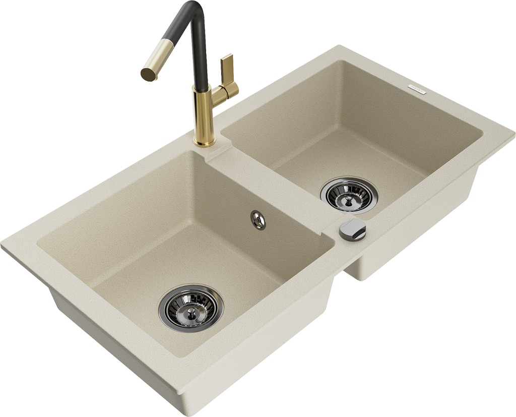 MEXEN/S MEXEN/S - Mario granitový drez 2-bowl vrátane batérie Flora, béžová 6504-69-670401-57-B