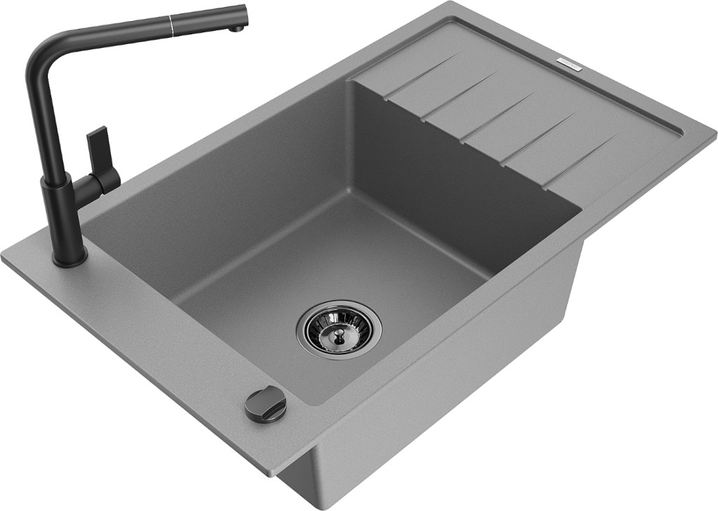 MEXEN/S MEXEN/S - Elias granitový drez 1 s odkvapkávačom vrátane batérie Flora, šedá 6511-71-670401-70-B
