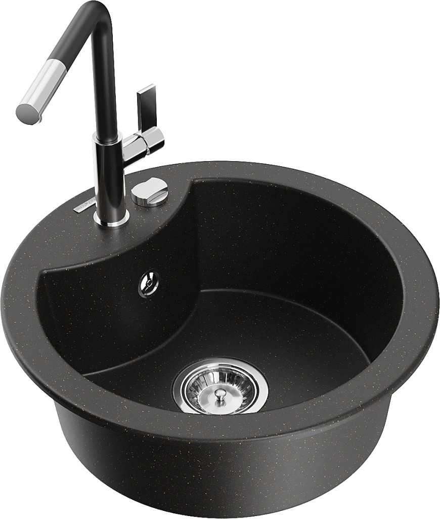 MEXEN/S MEXEN/S - Diego granitový drez 1-miska vrátane batérie Flora, čierna/zlatá metalik 6512-75-670401-07