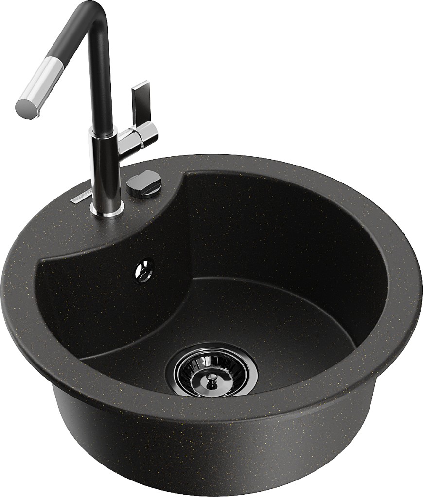 MEXEN/S MEXEN/S - Diego granitový drez 1-miska vrátane batérie Flora, čierna/zlatá metalik 6512-75-670401-07-B