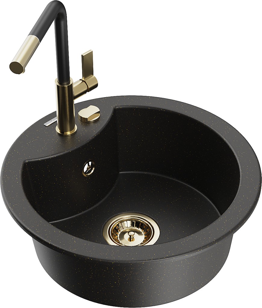 MEXEN/S MEXEN/S - Diego granitový drez 1-miska vrátane batérie Flora, čierna/zlatá metalik 6512-75-670401-57-G