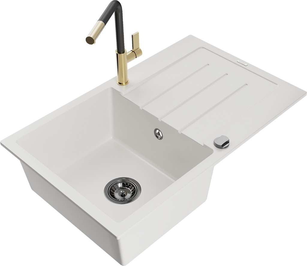 MEXEN/S MEXEN/S - Bruno granitový drez 1 s odkvapkávačom vrátane batérie Flora, biela 6513-20-670401-57-B