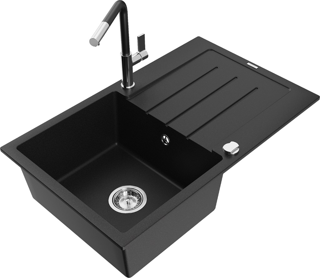MEXEN/S MEXEN/S - Bruno granitový drez 1 s odkvapkávačom vrátane batérie Flora, čierna 6513-77-670401-07