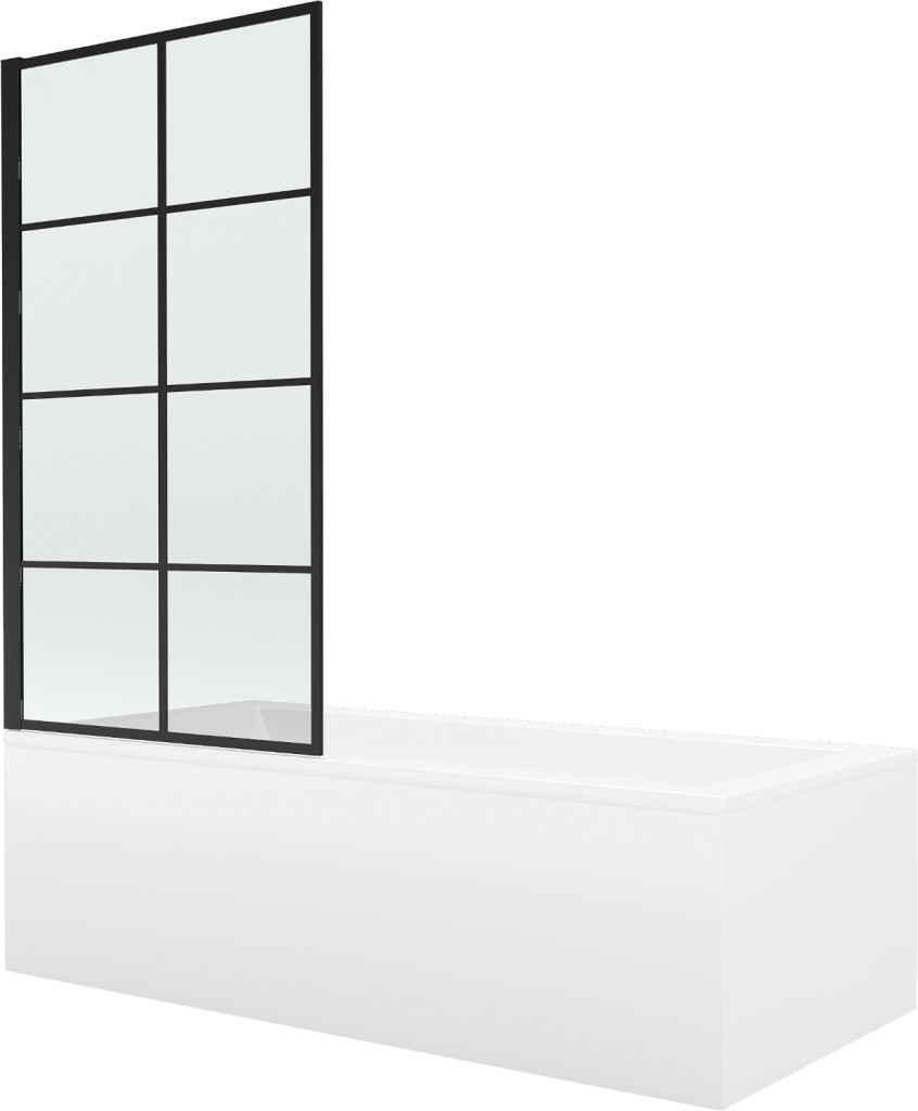 MEXEN/S - Cubik obdĺžniková vaňa 150 x 70 cm s panelom + vaňová zástena 80 cm, čierna vzor fix 550315070X9308007077