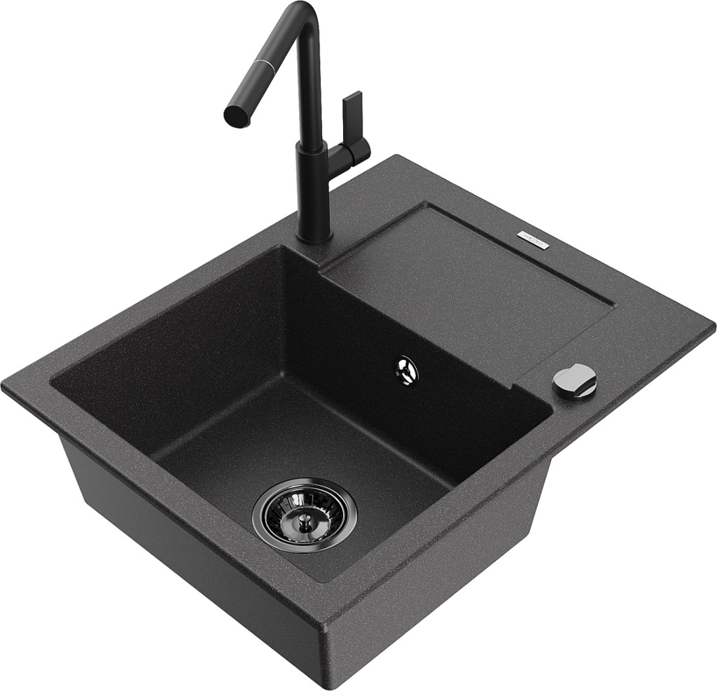 MEXEN/S MEXEN/S - Enzo granitový drez 1-miska s odkvapkávačom vrátane batérie Flora, čierna kropenatá 6506-76-670401-70-B