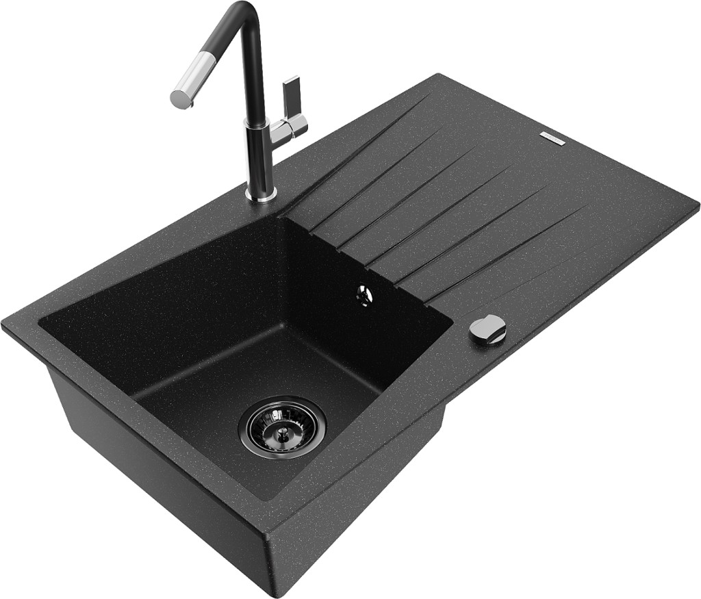 MEXEN/S MEXEN/S - Cesar granitový drez 1-miska s odkvapkávačom vrátane batérie Flora, čierna/strieborná metalík 6514-73-670401-07-B