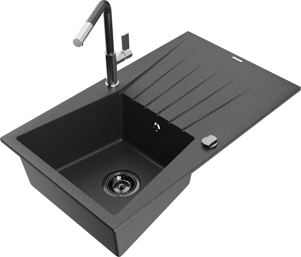 MEXEN/S MEXEN/S - Cesar granitový drez 1-miska s odkvapkávačom vrátane batérie Flora, čierna kropenatá 6514-76-670401-08-B