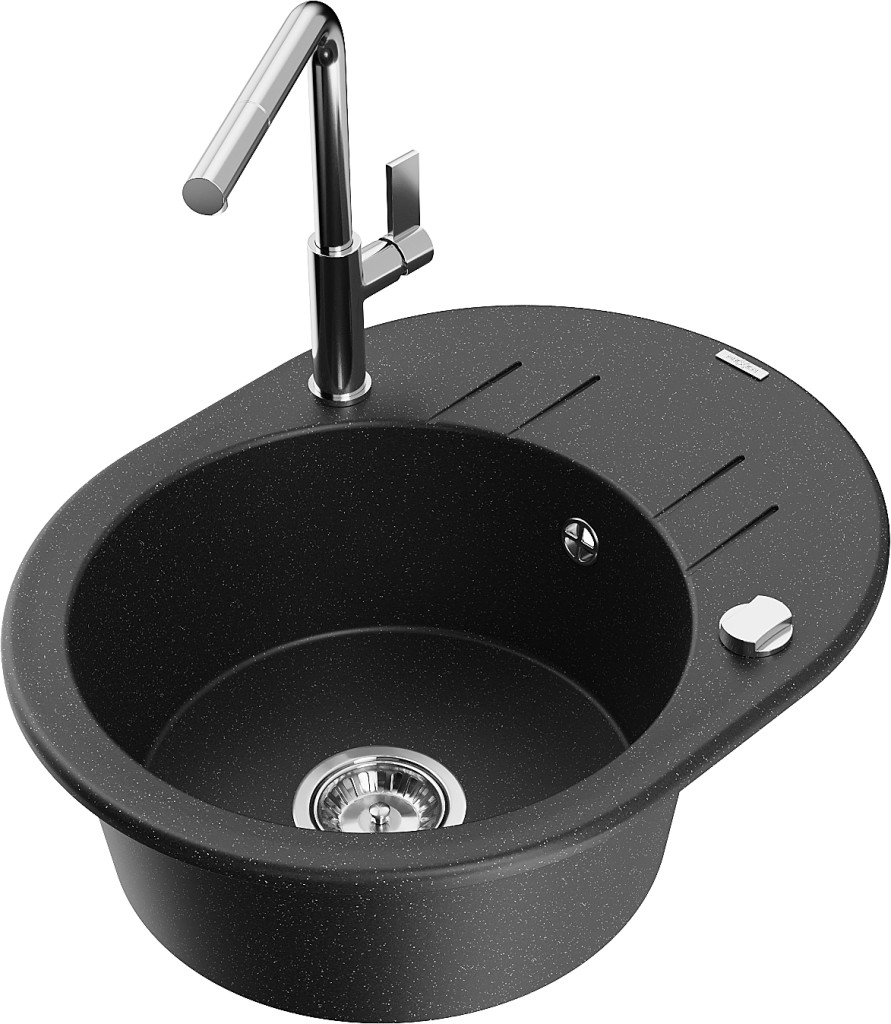 MEXEN/S MEXEN/S - Kevin granitový drez 1-miska s odkvapkávačom vrátane batérie Flora, čierna/srebrny metalik 6517-73-670401-00