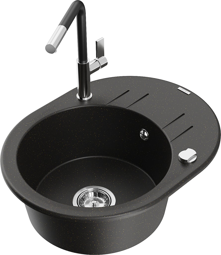 MEXEN/S MEXEN/S - Kevin granitový drez 1-miska s odkvapkávačom vrátane batérie Flora, čierna/zlatá metalik 6517-75-670401-07