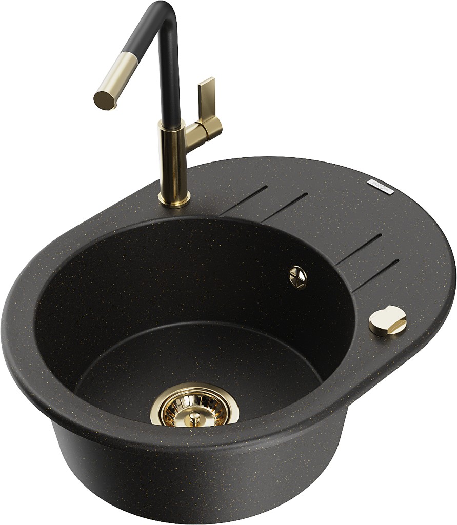 MEXEN/S MEXEN/S - Kevin granitový drez 1-miska s odkvapkávačom vrátane batérie Flora, čierna/zlatá metalik 6517-75-670401-57-G