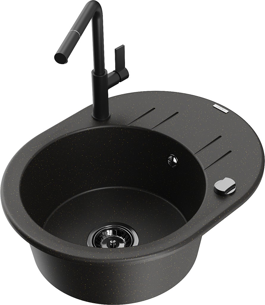 MEXEN/S MEXEN/S - Kevin granitový drez 1-miska s odkvapkávačom vrátane batérie Flora, čierna/zlatá metalik 6517-75-670401-70-B