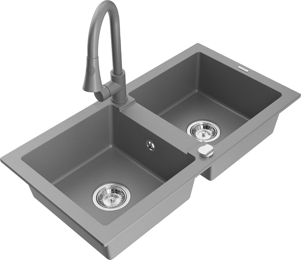 MEXEN/S MEXEN/S - Mario granitový drez 2-bowl vrátane batérie Elia, šedá 6504-71-670101-71