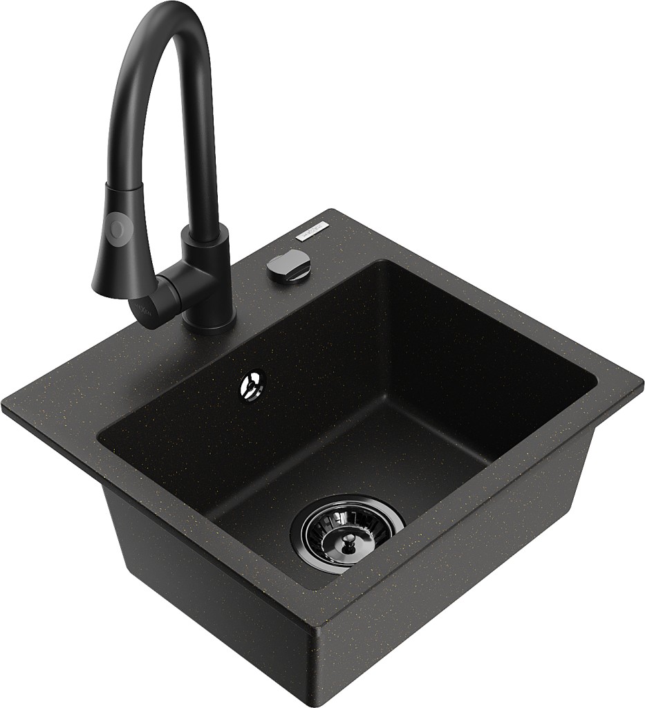 MEXEN/S MEXEN/S - Milo granitový drez 1-miska vrátane batérie Elia, čierna/zlatá metalik 6505-75-670101-70-B