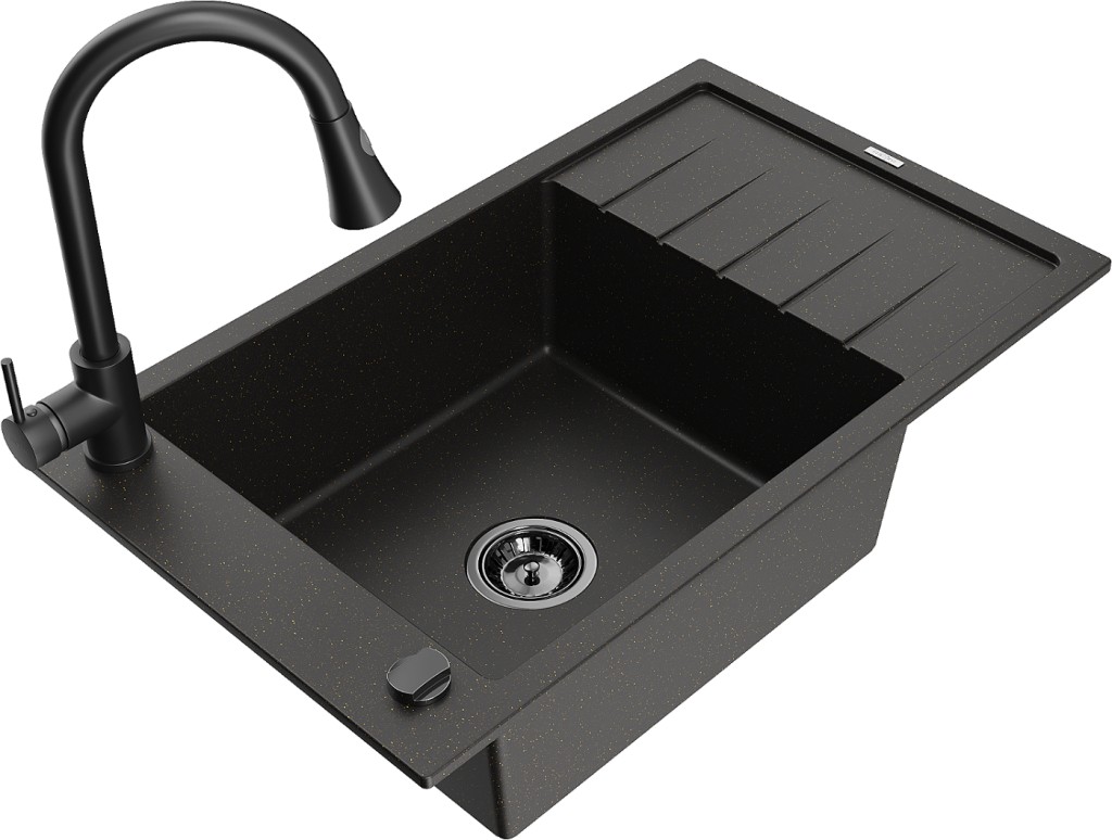 MEXEN/S MEXEN/S - Elias granitový drez 1 s odkvapkávačom vrátane batérie Elia, čierna/zlatá metalik 6511-75-670101-70-B