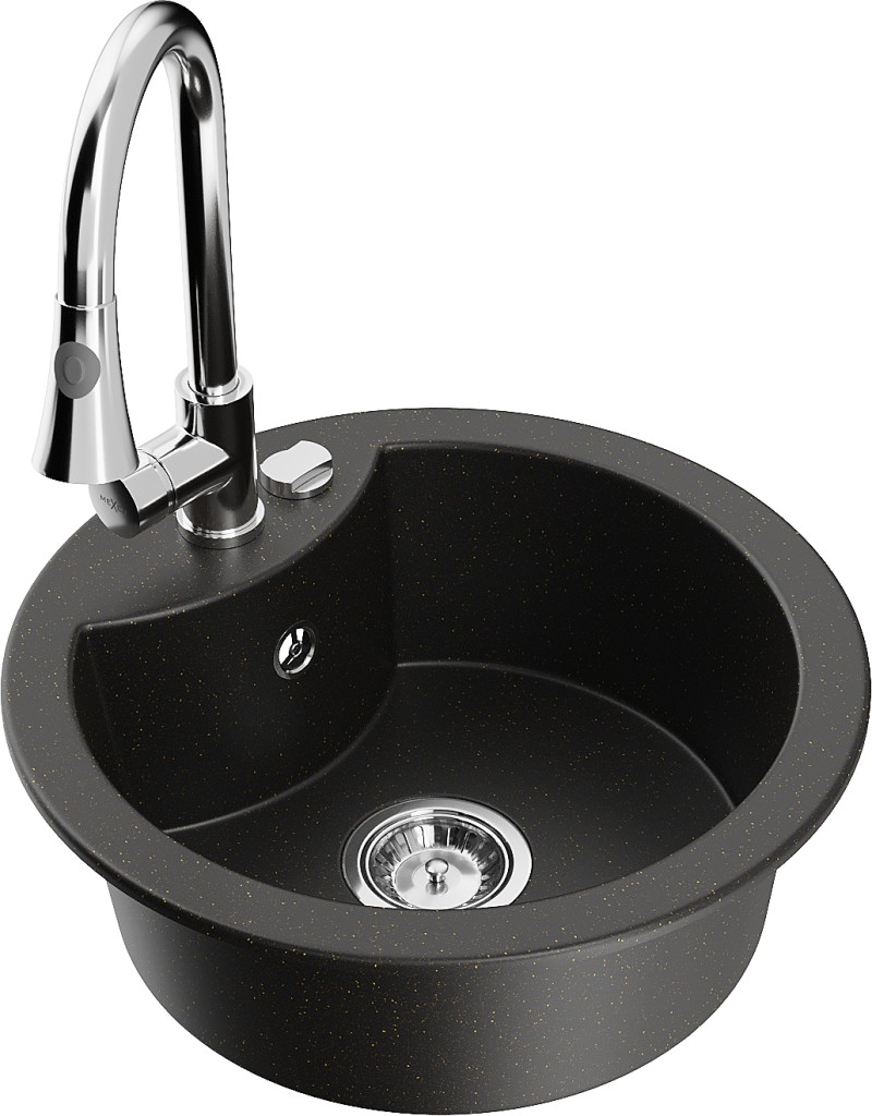 MEXEN/S MEXEN/S - Diego granitový drez 1-miska vrátane batérie Elia, čierna/zlatá metalik 6512-75-670101-00