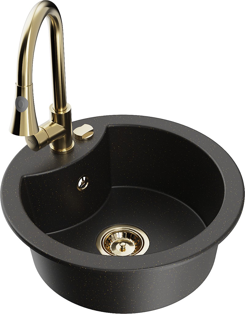 MEXEN/S MEXEN/S - Diego granitový drez 1-miska vrátane batérie Elia, čierna/zlatá metalik 6512-75-670101-50