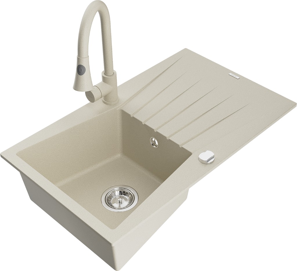 MEXEN/S MEXEN/S - Cesar granitový drez 1 s odkvapkávačom vrátane batérie Elia, béžová 6514-69-670101-69