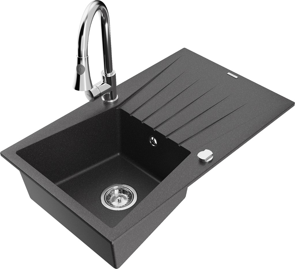 MEXEN/S MEXEN/S - Cesar granitový drez 1 s odkvapkávačom vrátane batérie Elia, čierna kropenatá 6514-76-670101-00