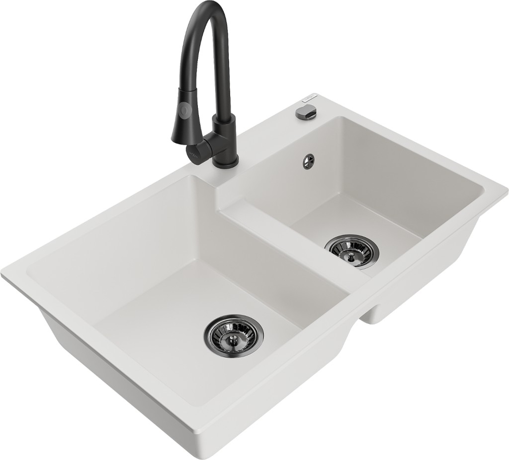 MEXEN/S MEXEN/S - Tomas granitový drez 2-bowl vrátane batérie Elia, biela 6516-20-670101-70