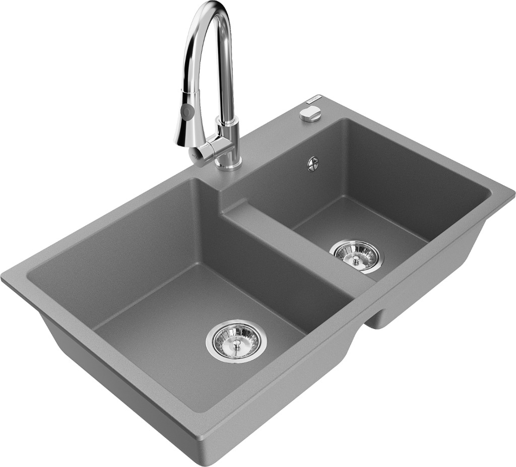 MEXEN/S MEXEN/S - Tomas granitový drez 2-bowl vrátane batérie Elia, šedá 6516-71-670101-00