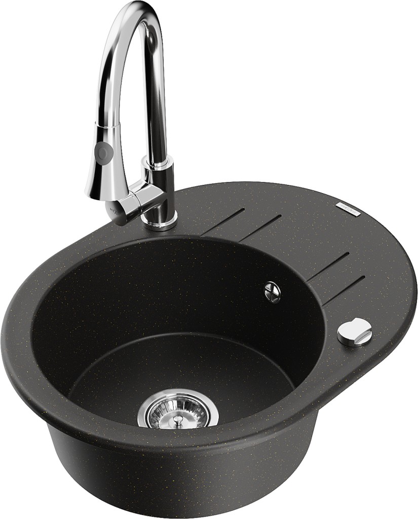 MEXEN/S MEXEN/S - Kevin granitový drez 1 s odkvapkávačom vrátane batérie Elia, čierna/zlatá metalik 6517-75-670101-00