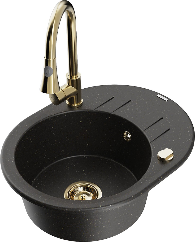 MEXEN/S MEXEN/S - Kevin granitový drez 1 s odkvapkávačom vrátane batérie Elia, čierna/zlatá metalik 6517-75-670101-50