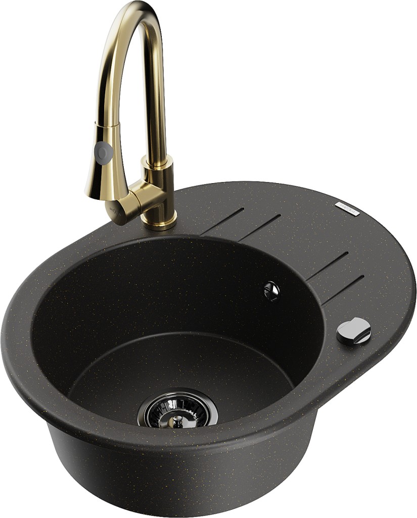 MEXEN/S MEXEN/S - Kevin granitový drez 1 s odkvapkávačom vrátane batérie Elia, čierna/zlatá metalik 6517-75-670101-50-B