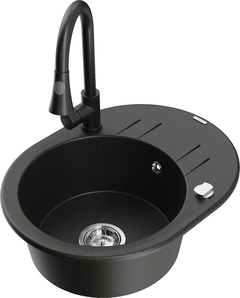 MEXEN/S MEXEN/S - Kevin granitový drez 1 s odkvapkávačom vrátane batérie Elia, čierna/zlatá metalik 6517-75-670101-70