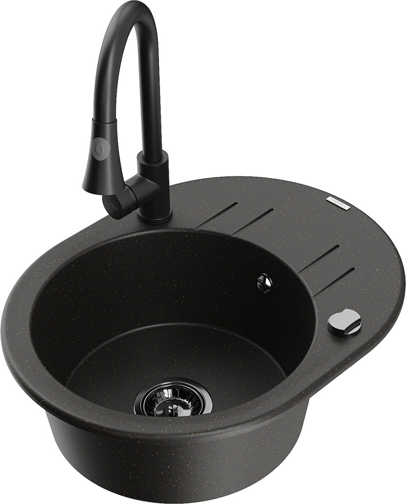 MEXEN/S MEXEN/S - Kevin granitový drez 1 s odkvapkávačom vrátane batérie Elia, čierna/zlatá metalik 6517-75-670101-70-B