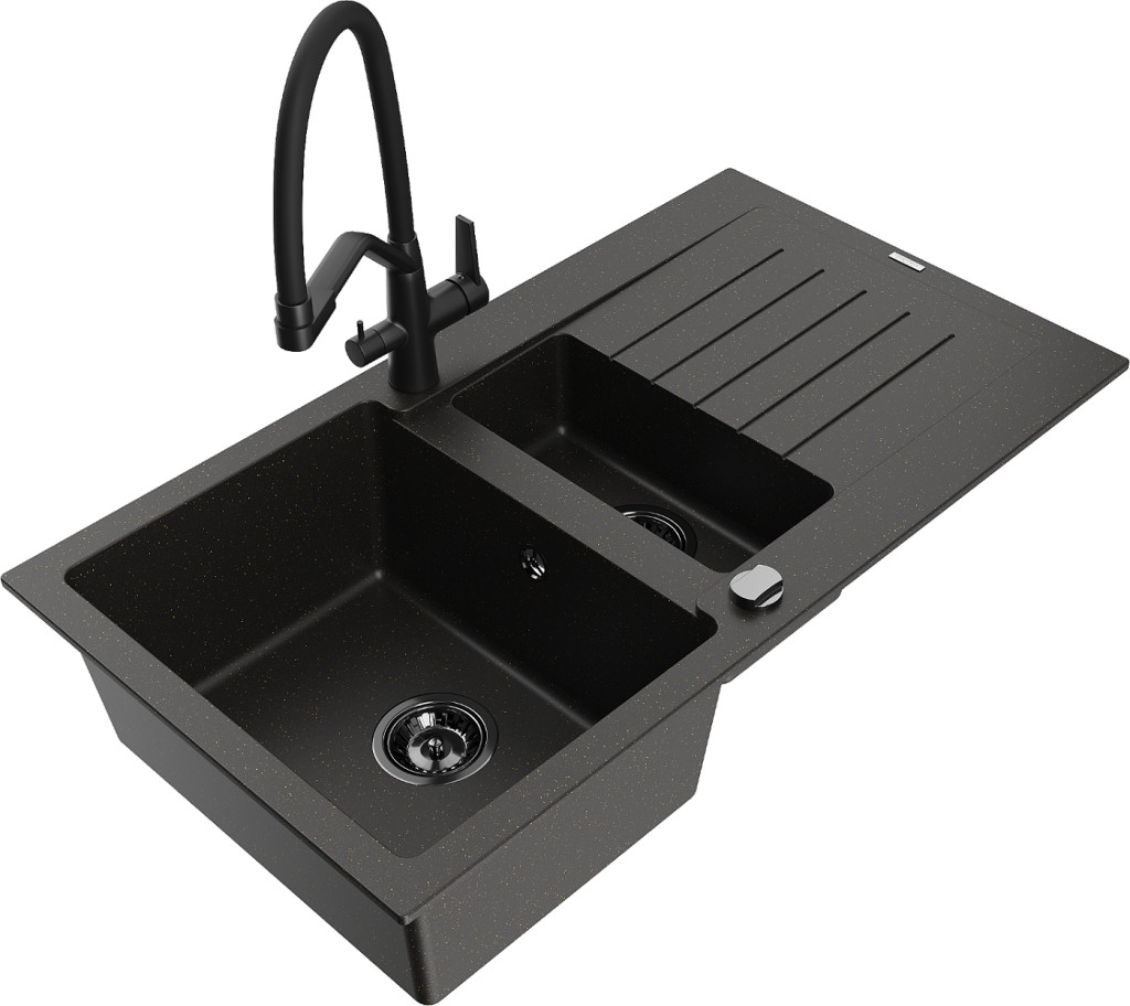 MEXEN/S MEXEN/S - Matias granitový drez 1.5 s odkvapkávačom vrátane batérie Duo, čierna/zlatá metalik 6502-75-671701-70-B