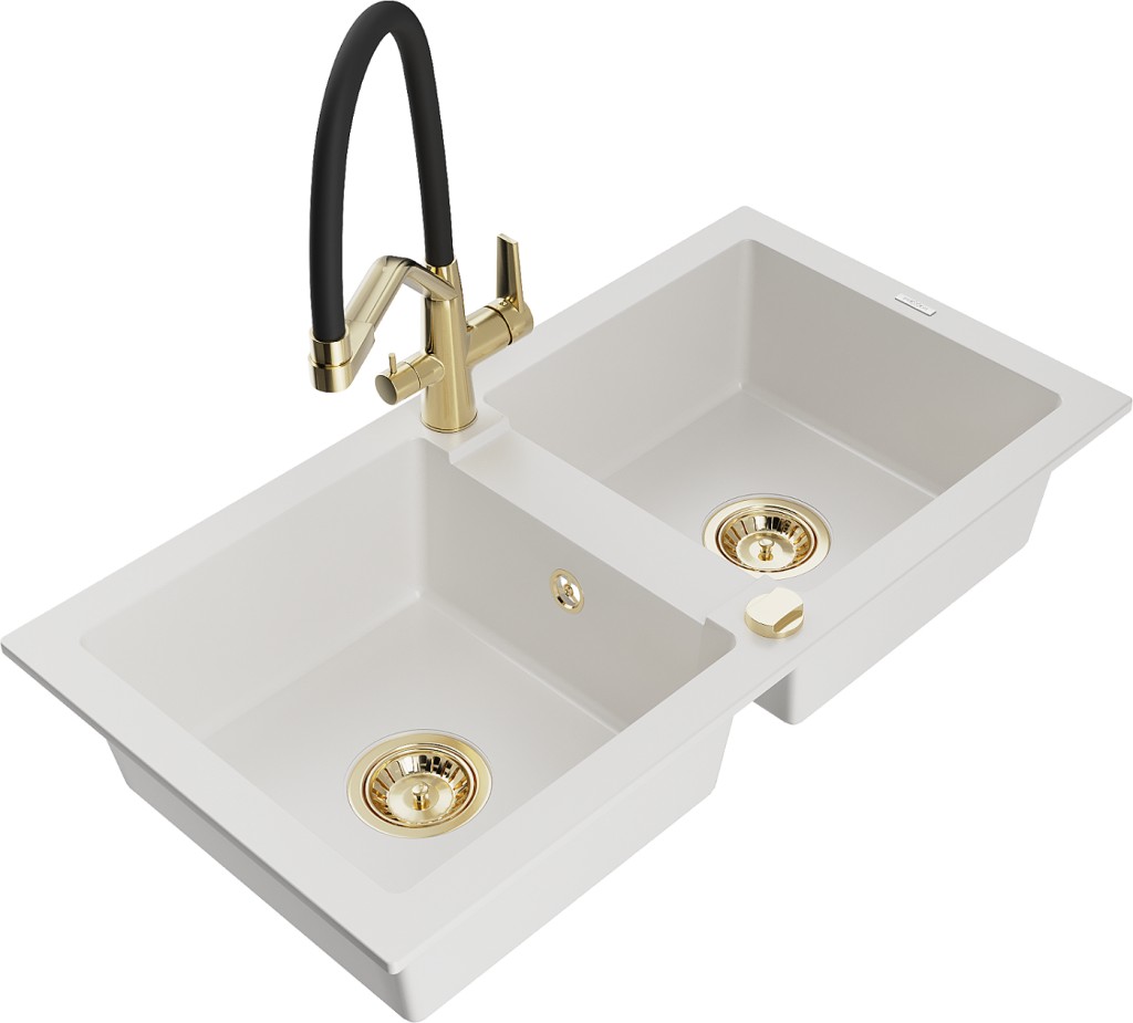 MEXEN/S MEXEN/S - Mario granitový drez 2-bowly vrátane batérie Duo, biela 6504-20-671701-57-G