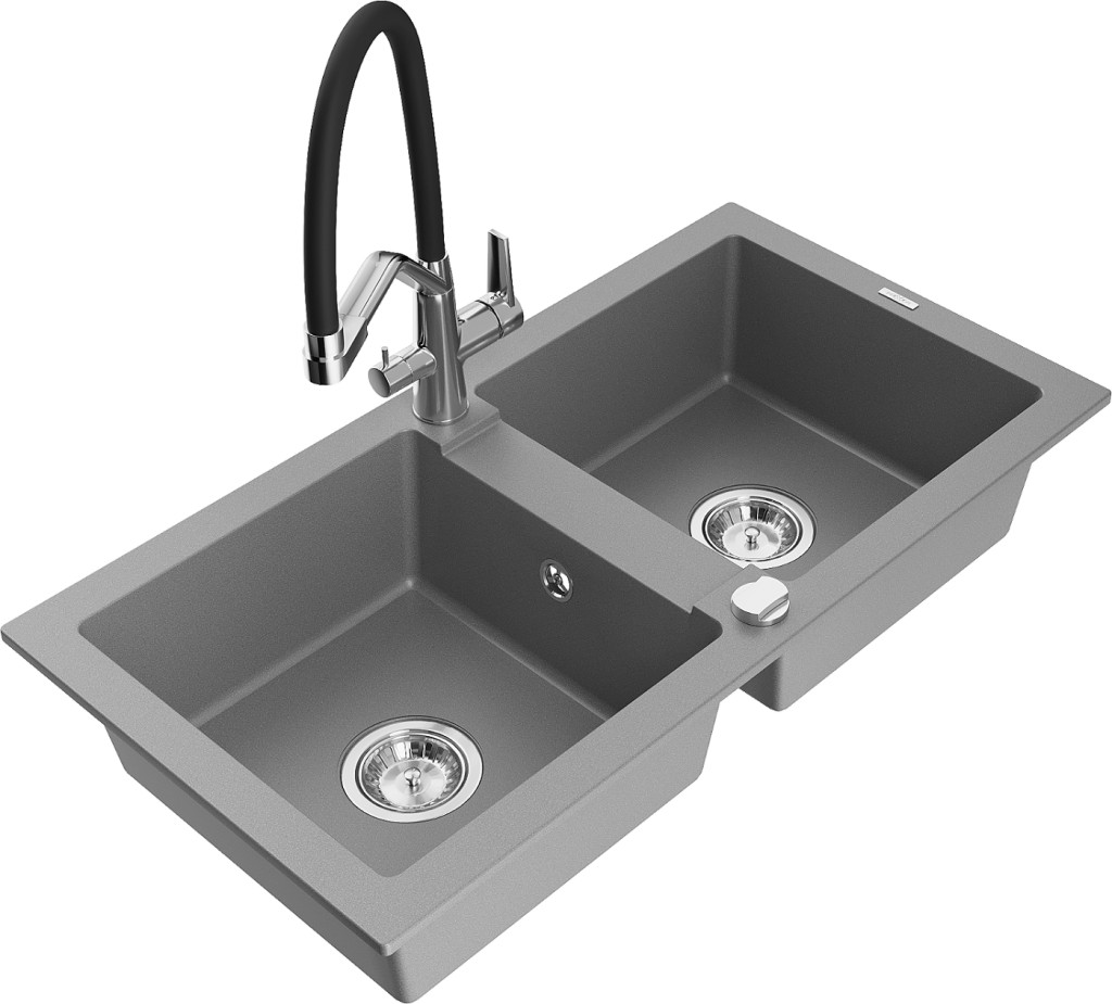MEXEN/S MEXEN/S - Mario granitový drez 2-bowly vrátane batérie Duo, šedá 6504-71-671701-07