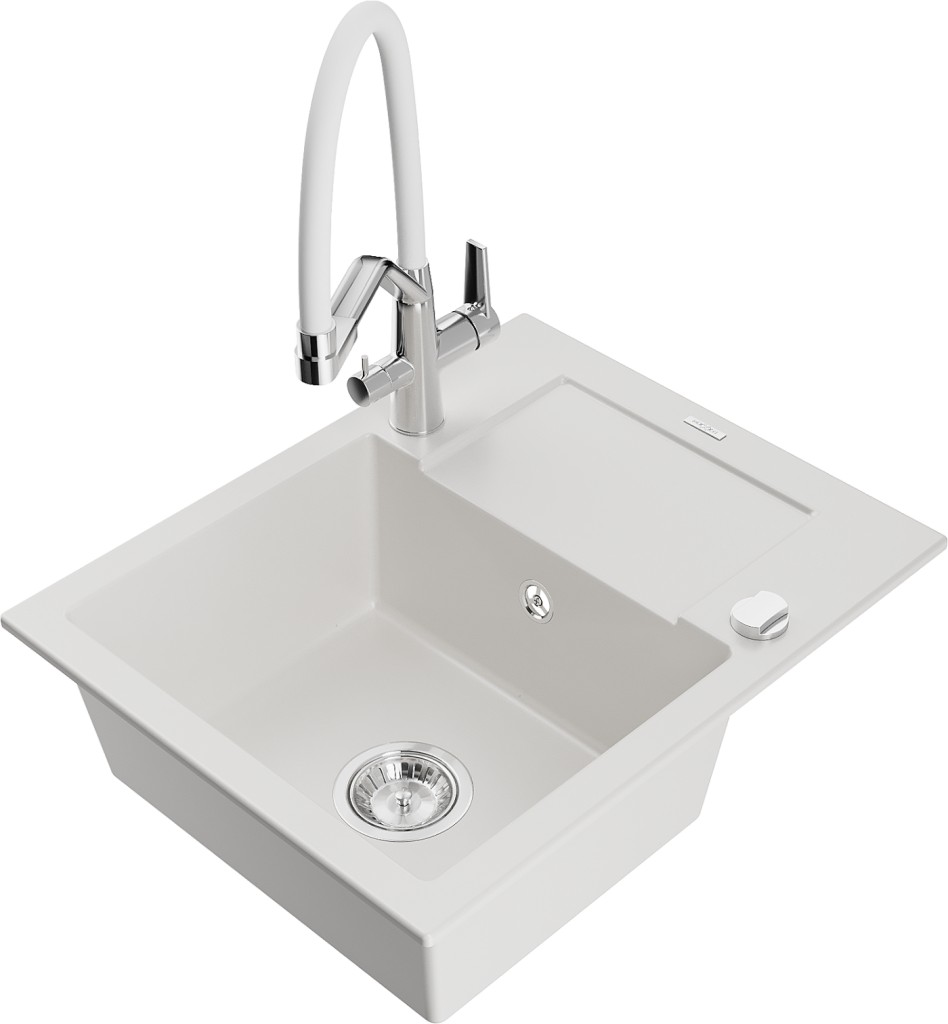 MEXEN/S MEXEN/S - Enzo granitový drez s odkvapkávačom vrátane batérie Duo, biela 6506-20-671701-02