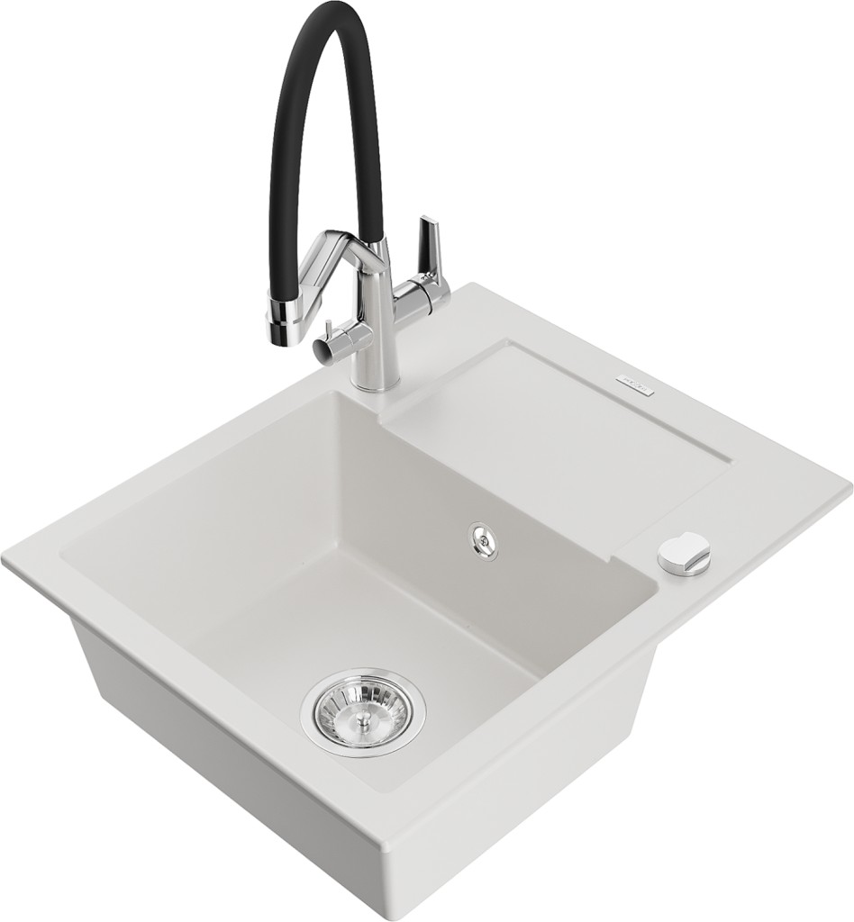 MEXEN/S MEXEN/S - Enzo granitový drez s odkvapkávačom vrátane batérie Duo, biela 6506-20-671701-07