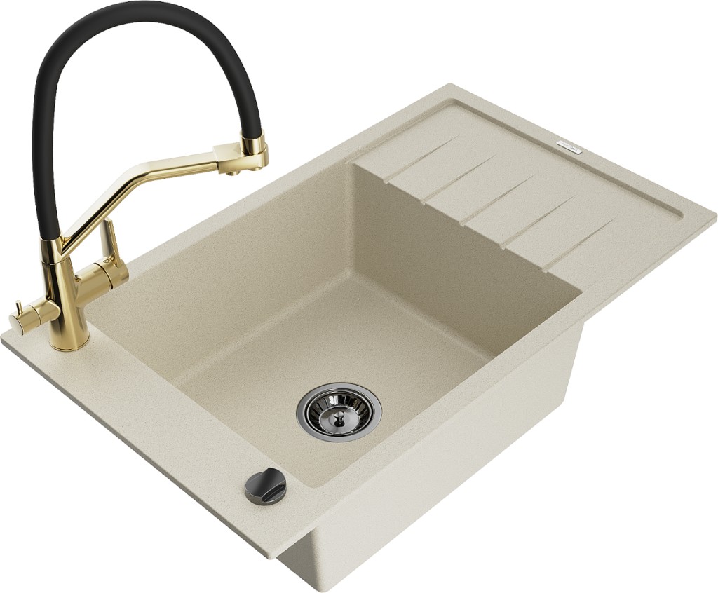 MEXEN/S MEXEN/S - Elias granitový drez s odkvapkávačom vrátane batérie Duo, béžová 6511-69-671701-57-B