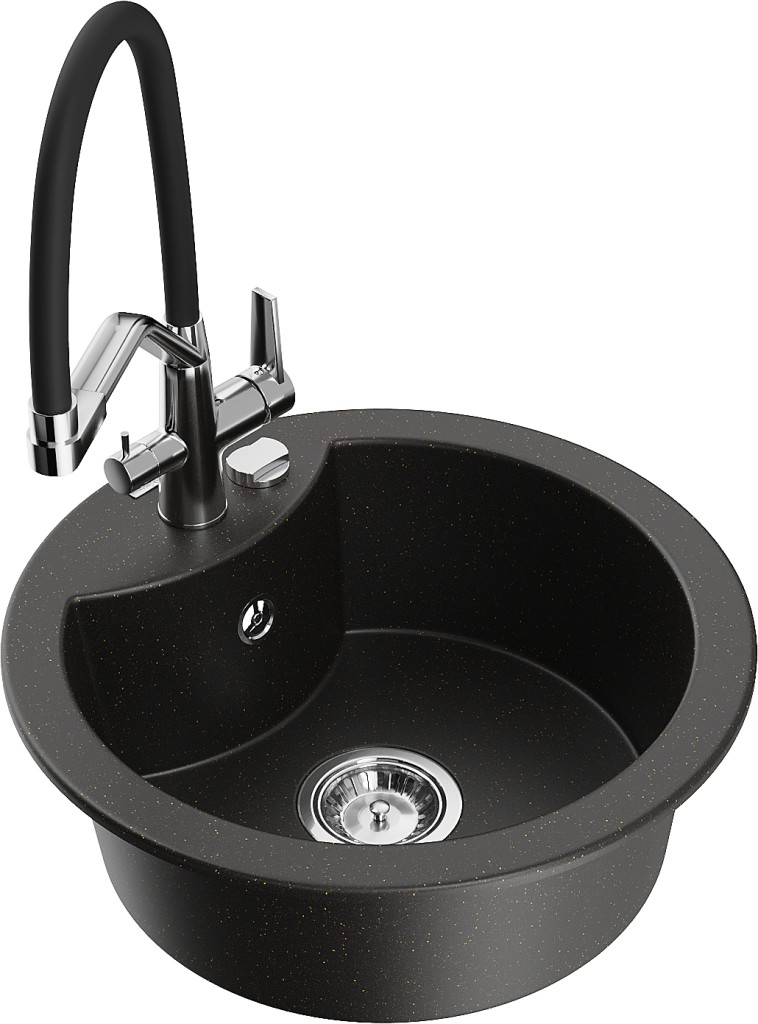 MEXEN/S MEXEN/S - Diego granitový drez 1-miska vrátane batérie Duo, čierna/zlatá metalik 6512-75-671701-07