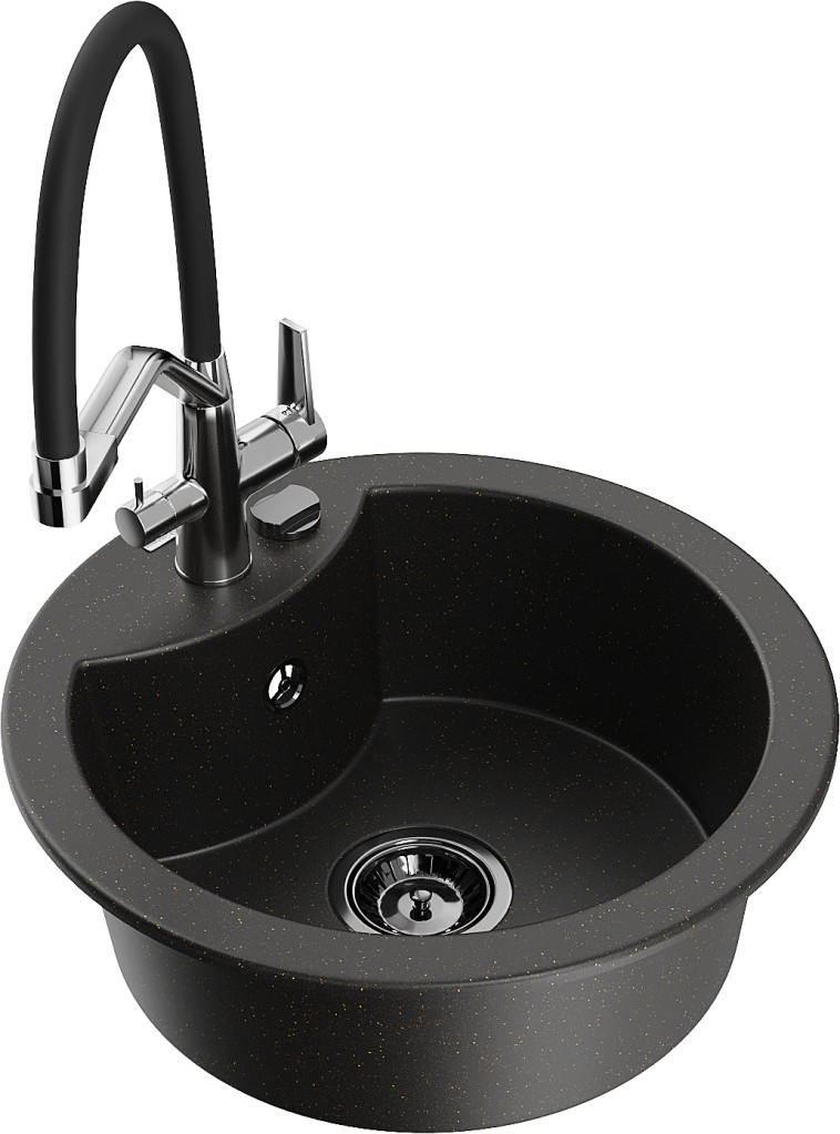 MEXEN/S MEXEN/S - Diego granitový drez 1-miska vrátane batérie Duo, čierna/zlatá metalik 6512-75-671701-07-B