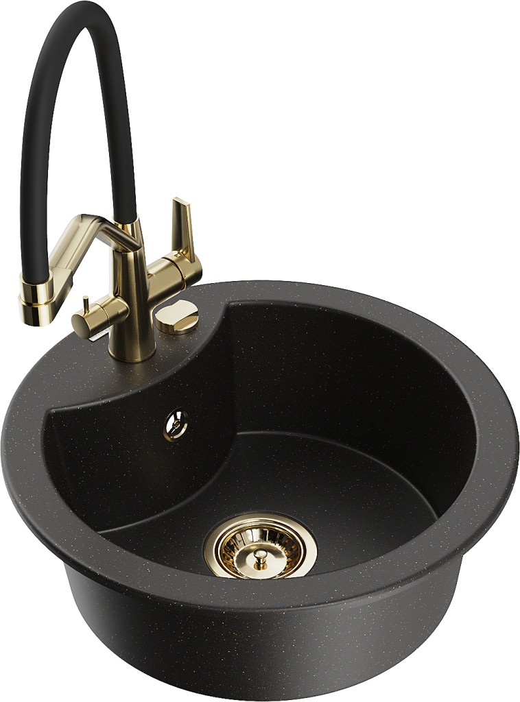 MEXEN/S MEXEN/S - Diego granitový drez 1-miska vrátane batérie Duo, čierna/zlatá metalik 6512-75-671701-57-G