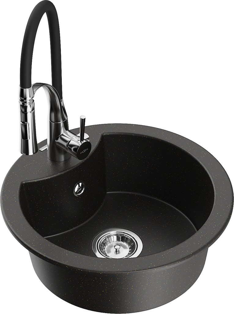 MEXEN/S MEXEN/S - Diego granitový drez 1-miska vrátane batérie Aster, čierna/zlatá metalik 6512-75-73450-70