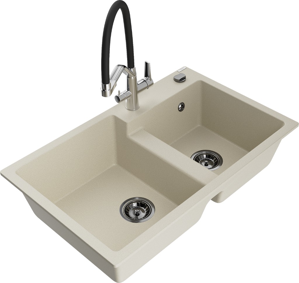 MEXEN/S MEXEN/S - Tomas granitový drez 2-bowly vrátane batérie Duo, béžová 6516-69-671701-07-B