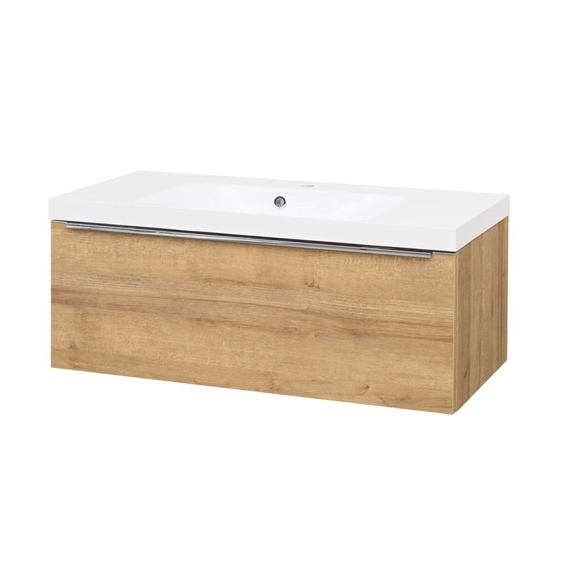 MEREO - Mailo, kúpeľňová skrinka s umývadlom z liateho mramoru 101 cm, dub Riviera, chróm madlo CN527M