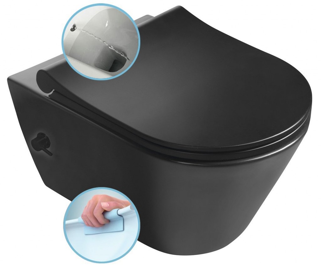 E-shop SAPHO - AVVA CLEANWASH závesná WC misa, Rimless, integrovaná batéria a bidetová spŕška 35,5x53cm, čierna matná 100315-110