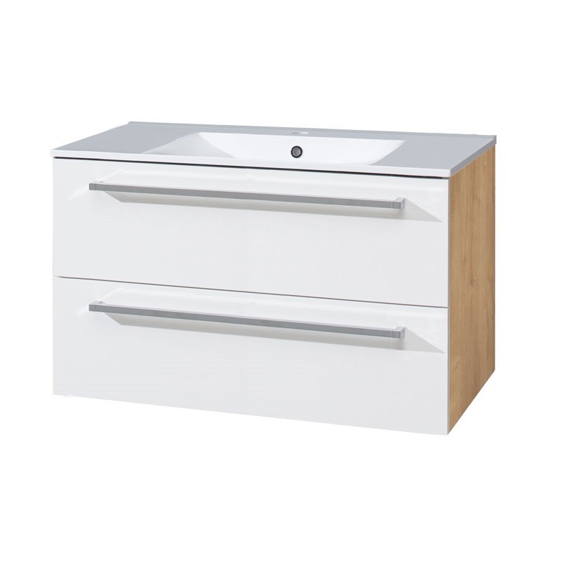 E-shop MEREO - Bino, kúpeľňová skrinka s keramickým umývadlom 101 cm, biela/dub CN672