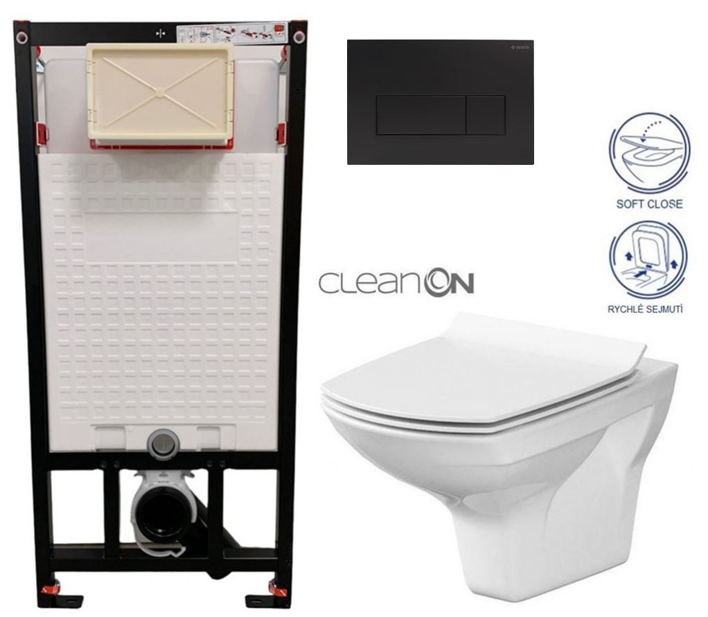 DEANTE Podstavný rám, pre závesné WC misy + SLIM tlačidlo černé + WC CERSANIT CLEANON CARINA + SEDADLO CST_WC01 N51P CA3